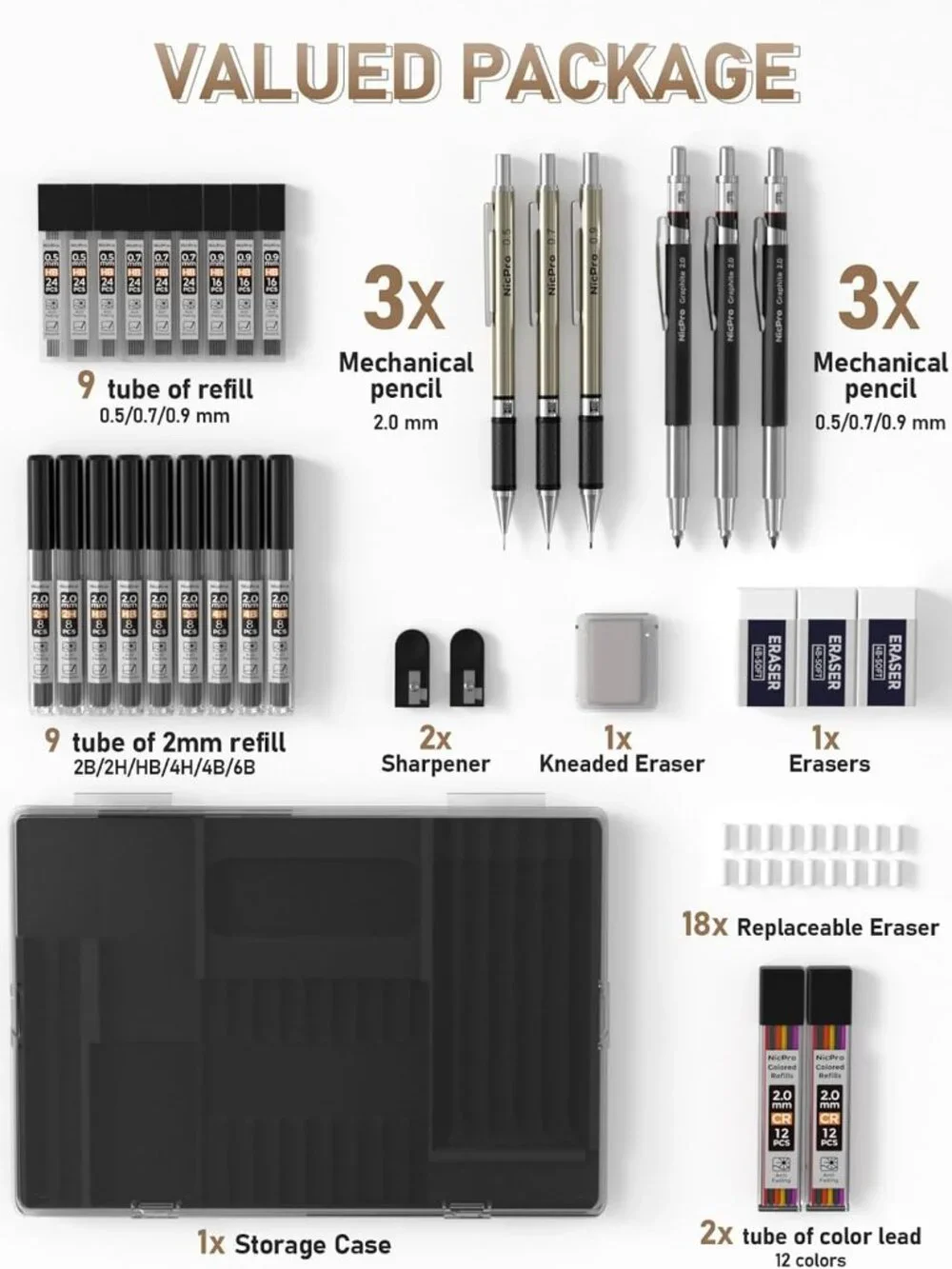 NEW Mechanical Pencil Set COLOR Graphite Refills Drafting Pencils 0.5 mm & 0.7 m